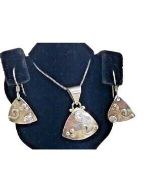 Necklace Earrings Set Round Lab Diamonds 16" Silver Chain weight 10 Gr Jewelry